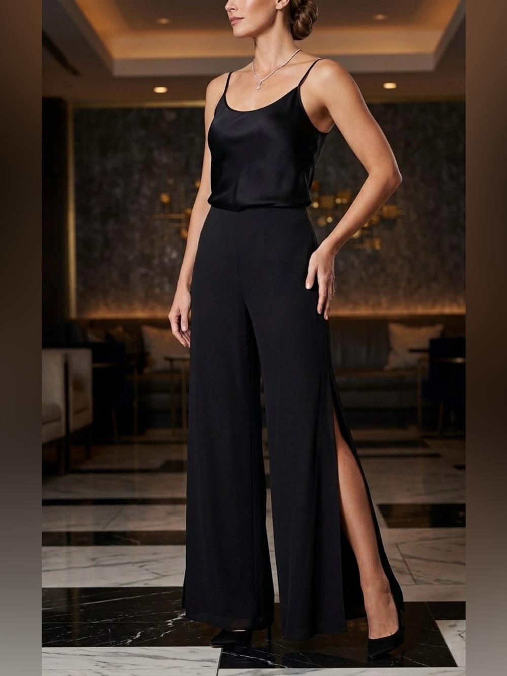 St. John Evening Black Silk Wide Leg Side Slit Palazzo Pants Size 10